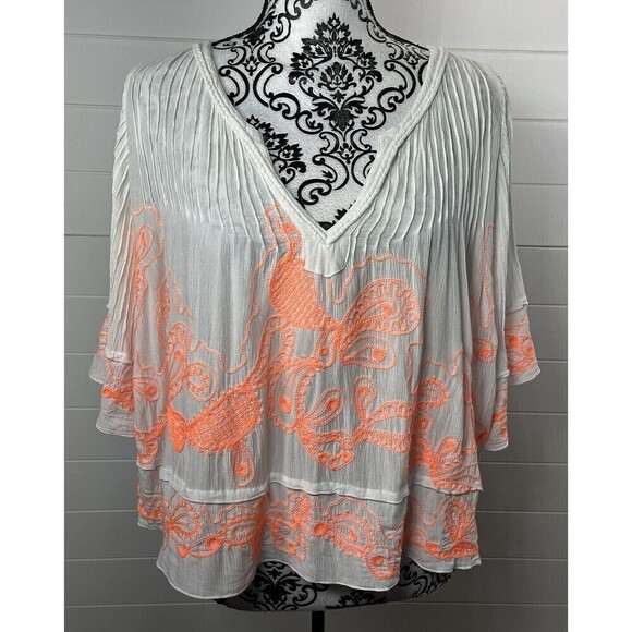 Poupette St. Barth Top Womens One Size Embroidered Viscose Tropical Peach& White - Picture 2 of 13